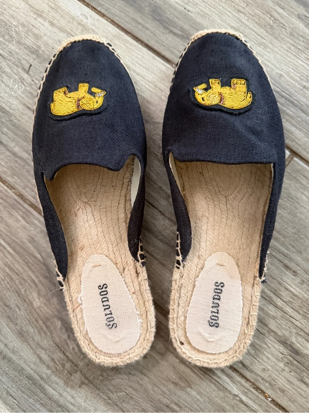 Soludos Black Slip-On Espadrilles with Gold Elephant Embroidery